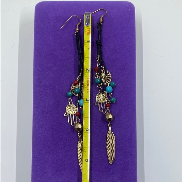 💛 Classic Bohemian Gold Hamsa Turquoise Dangle Earrings - Picture 2 of 3